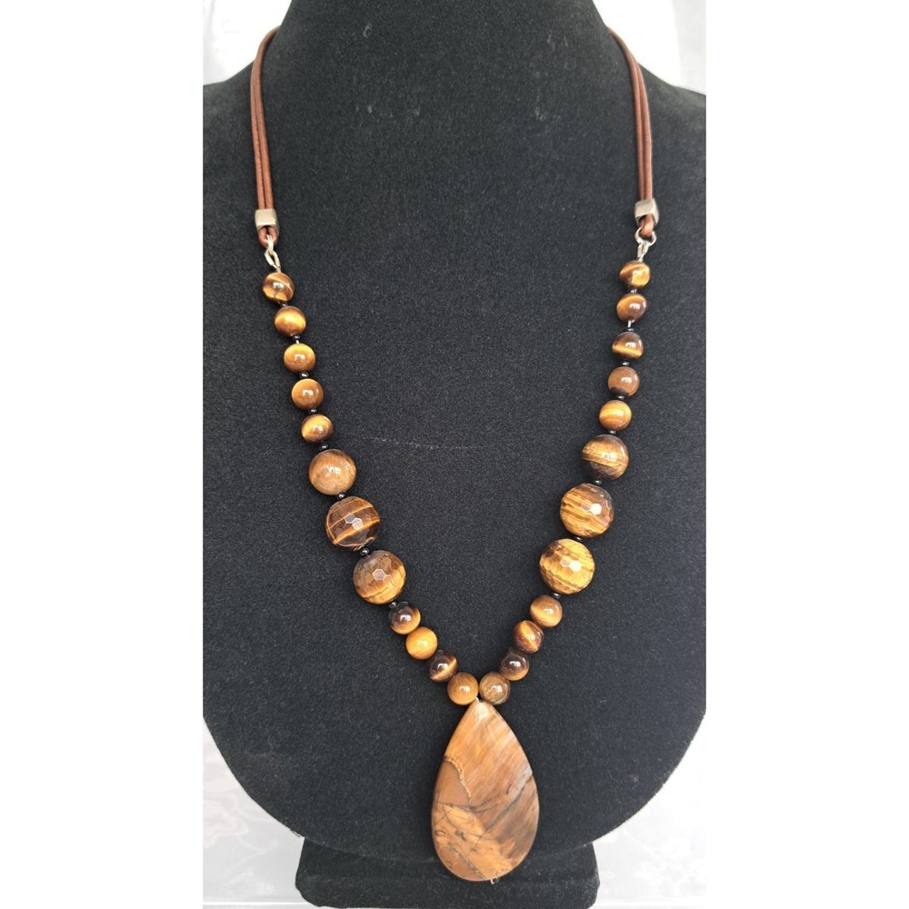 Fashion‎ Jewelry Necklace Gemstone Tiger's Eye With Pendant Leather Cord